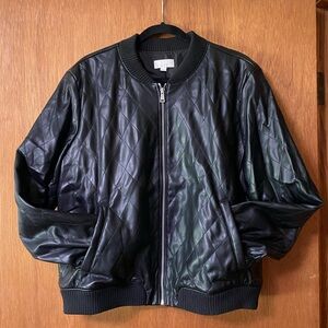 Loft Black Quilted Faux Leather Bomber Jacket with Sweater Ribbed Neck & Sleeves